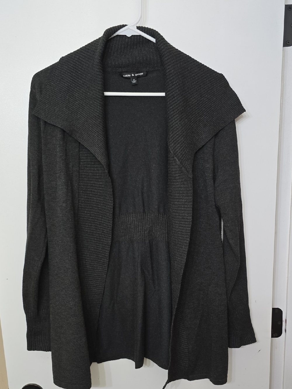Cable & Gauge Charcoal Open-Front Ribbed Shawl-Collar Cardigan